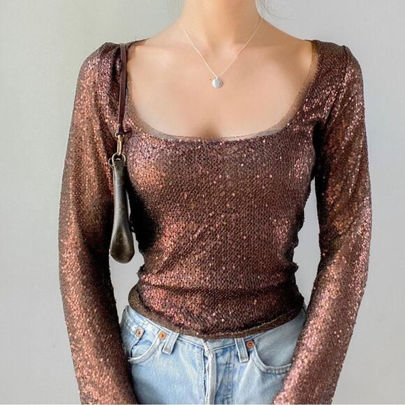 Free People Late Night Disco Glitter Sequin Layering Top Bronze Brown XS NEW - Picture 2 of 11